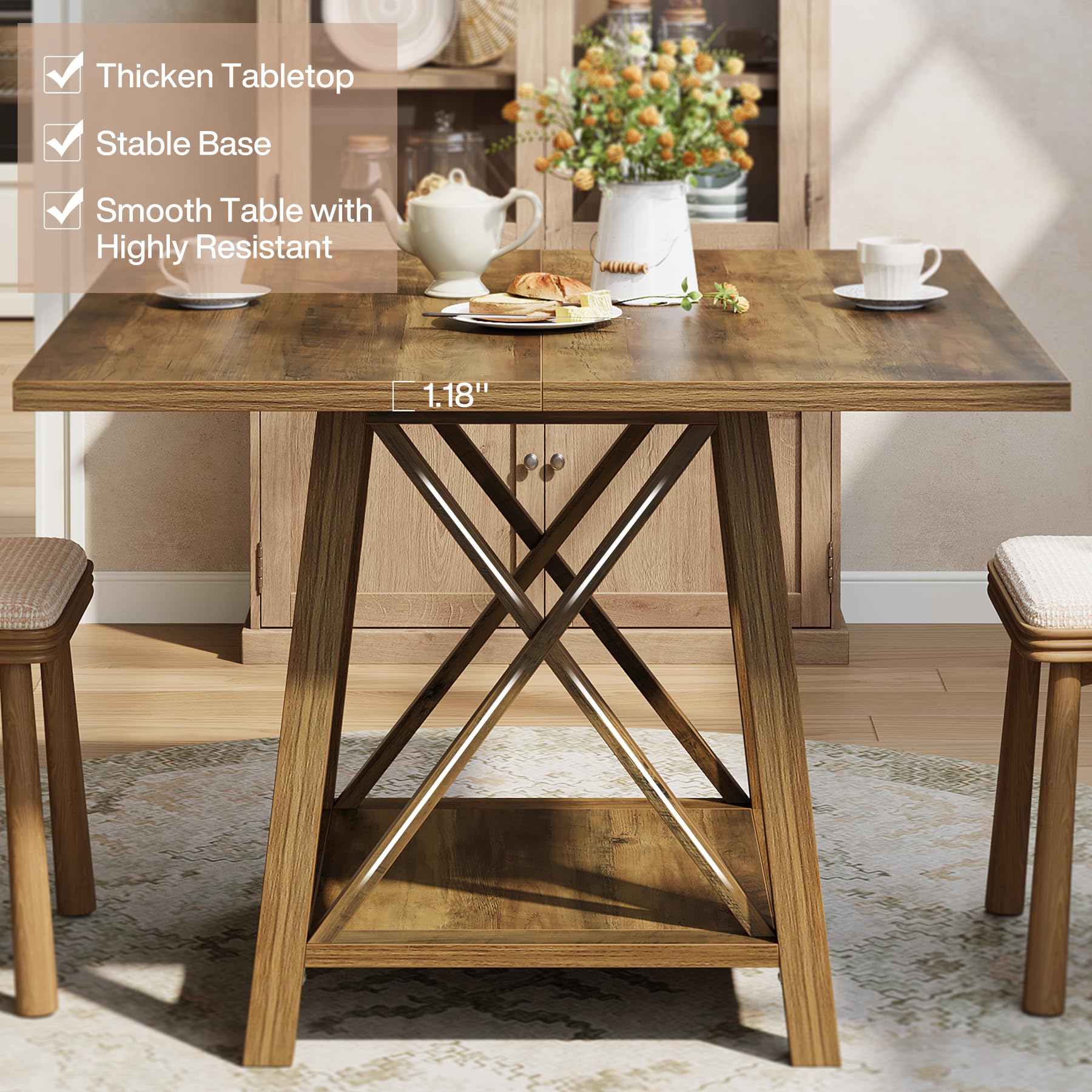 Square Dining Table for 4 with Shelf Storage