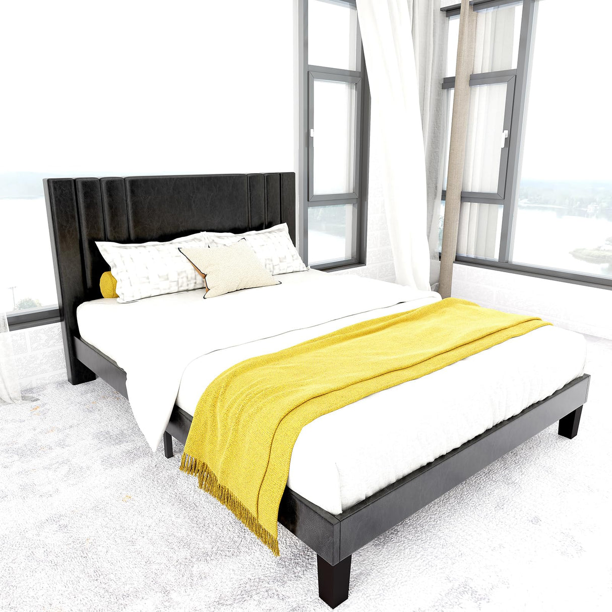 Queen Size Bed Frame, Linen Fabric Upholstered Platform