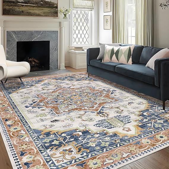 Washable Area Rug 6x9 - Non-Slip Boho Vintage Distressed Low Pile Carpet