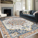 Washable Area Rug 6x9 - Non-Slip Boho Vintage Distressed Low Pile Carpet