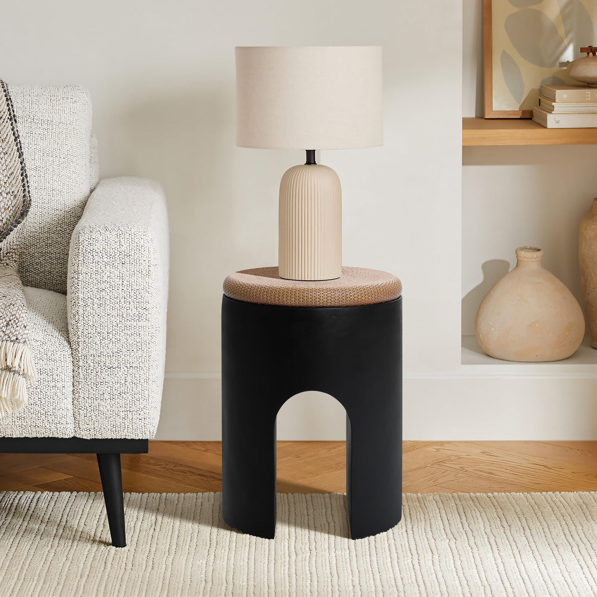 LuxenHome Outdoor Accent Side Table, 18'' Black with Natural Rattan Finish Cement Patio End Table, U - Shaped Base Garden Stool for Patio Backyard, Outdoor Furniture for Lawn Balcony Porch - Bircata