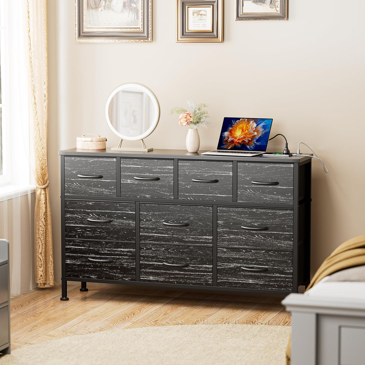 Black Dresser for Bedroom with Charging Station and 10 Drawers, Large Fabric Chest