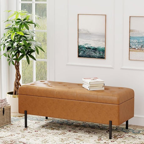 Velvet Storage Bench, Modern Bedroom Bench, Upholstered Tufted Large Settee Ottoman with Storage Bench for Bedroom,Living Room,Entryway, Ivory