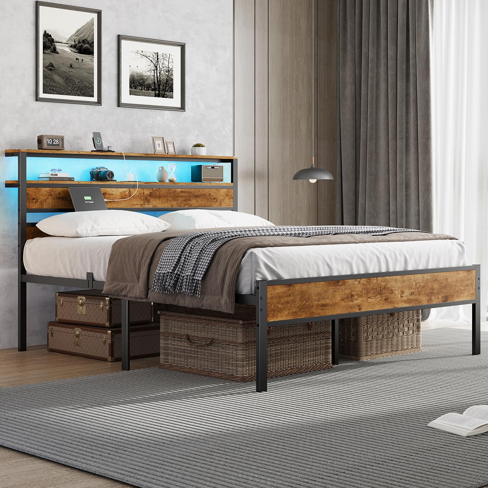 Full Bed Frame with LED Lights & Charging Station