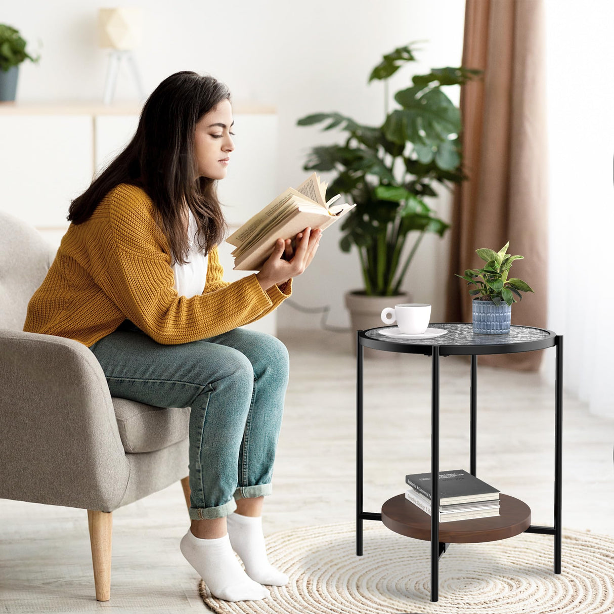 Side Table,Round End Table with 2 Shelves,17" D×20" H Living Room Table