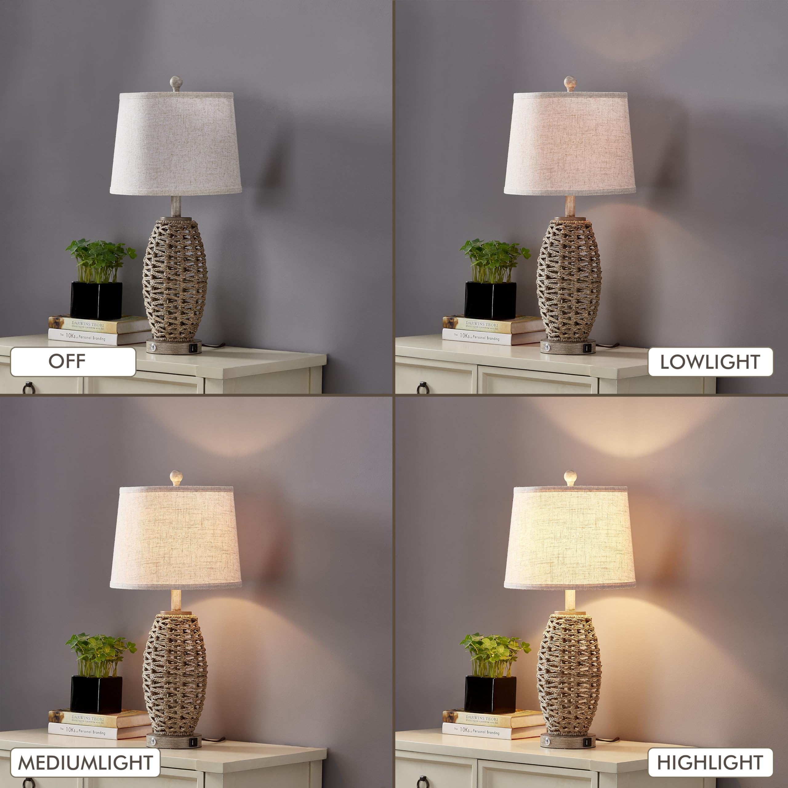 27” Natural Rattan Table Lamps Set of 2,Touch Switch,3-Way Dimmable Bedside Lamps