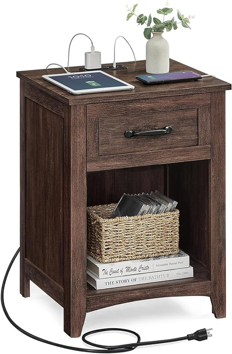 Farmhouse Nightstand with Charging Station, Bedside Table with Drawer