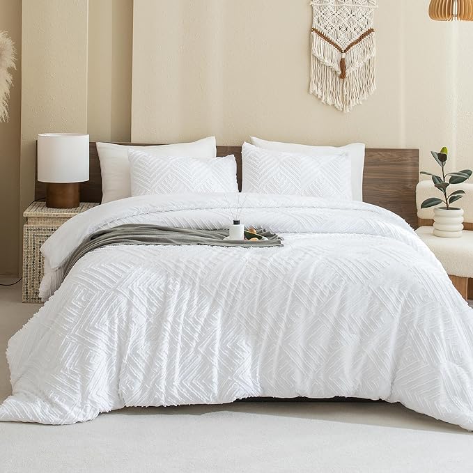 King Size Comforter Set Beige, 3 Pieces Boho King Bedding Comforter Set Cream, All Season Soft Lightweight Tufted Textured Down