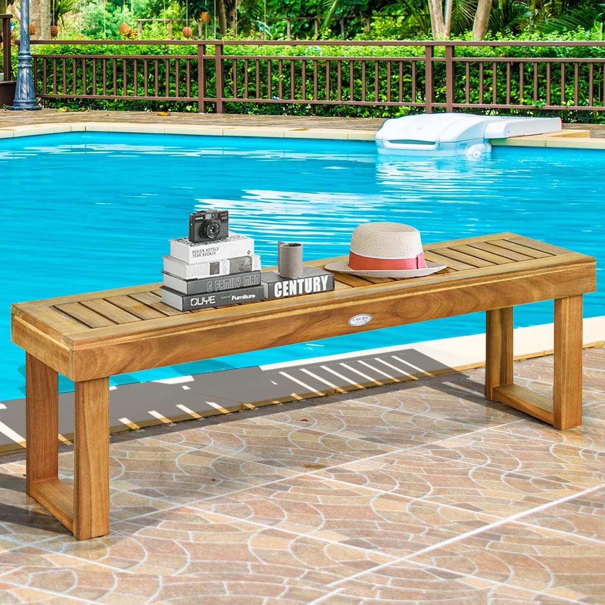 52 Inches Acacia Wood Outdoor Bench, Wood Bench for Dining Room Entryway Poolside