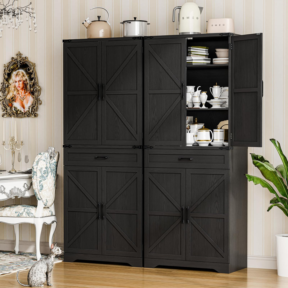 72" Tall Farmhouse Kitchen Pantry, Farmhouse Storage Cabinet with Adjustable Shelves, Large Capacity Storage Cabinet with Drawer,Freestanding Cupboard for Kitchen, Dining Room, Living Room, Black