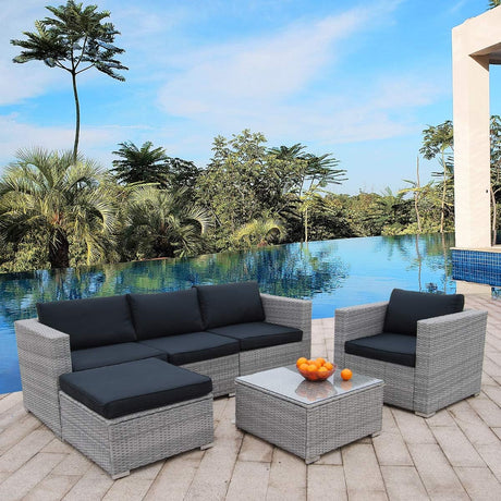 6pcs Patio Furniture Set PE Gray Rattan Wicker Sectional Outdoor Sofa