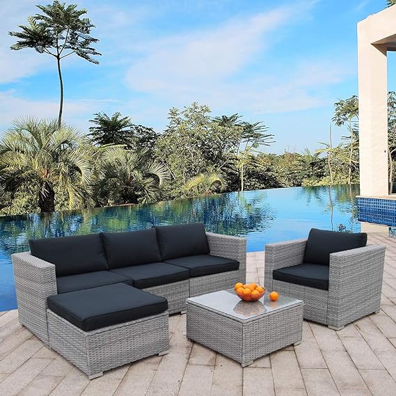 6pcs Patio Furniture Set PE Gray Rattan Wicker Sectional Outdoor Sofa