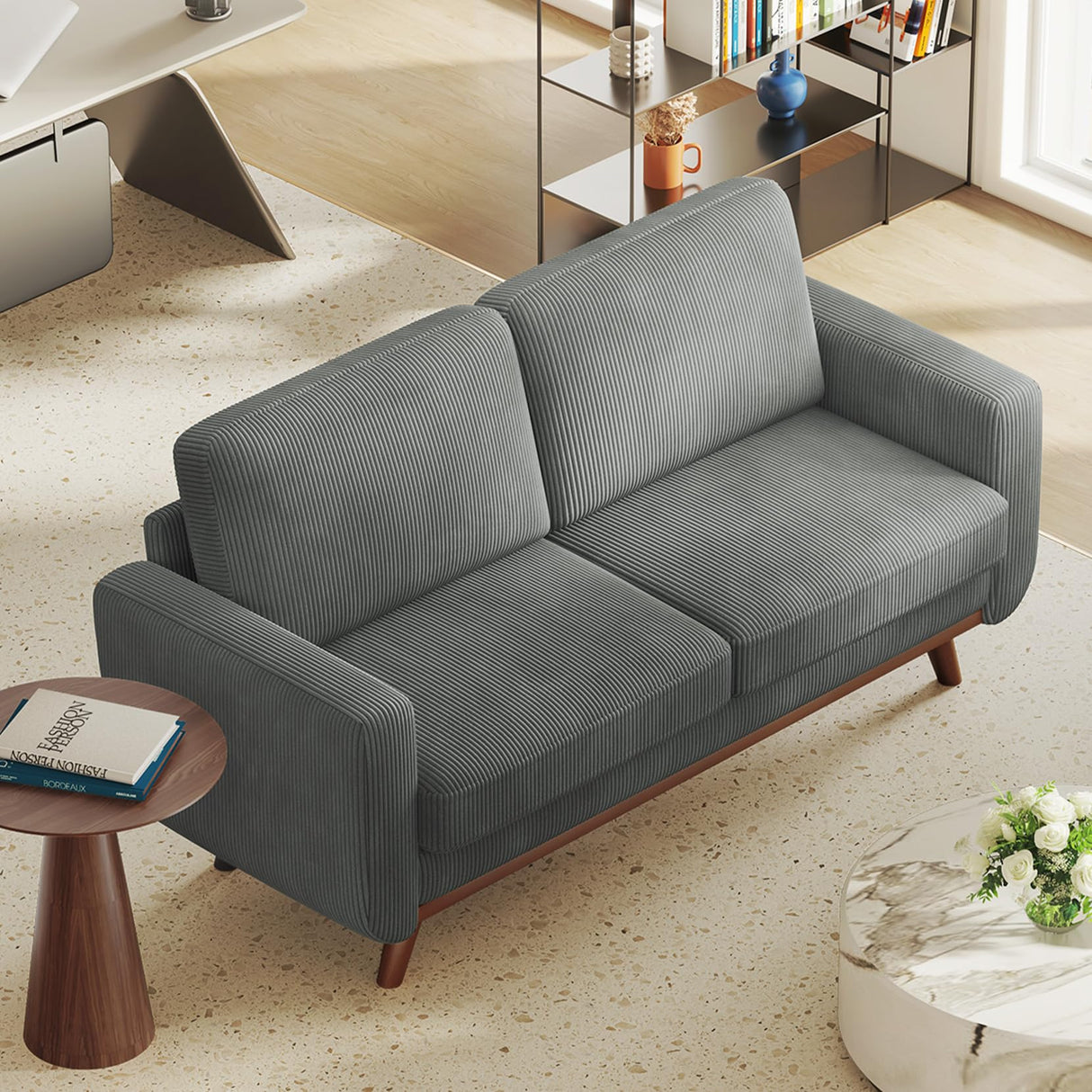 68" Loveseat Sofa Dark Gray, Comfy Corduroy Couch With Spring Cushion and Solid Wood