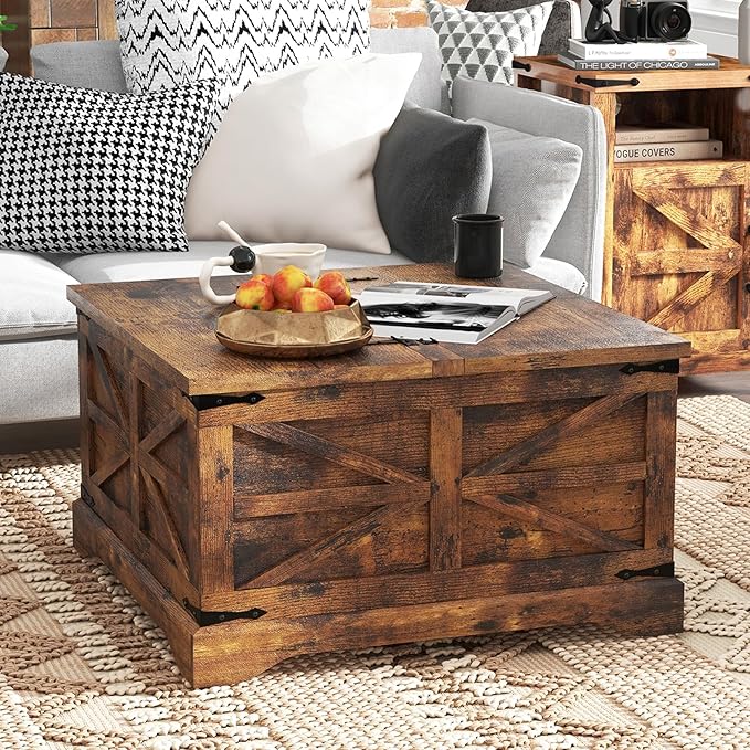 oneinmil Modern Farmhouse Coffee Table, Square Wood Center Table