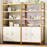 71" Tall Bookshelf with Storage Cabinet, Bookcase with Doors, Inter Adjustable shelf, 3 Wooden Drawers, 4 Tier Open Shelves, Modern Display Rack for Living Room, Kitchen, Home Office, White and Gold