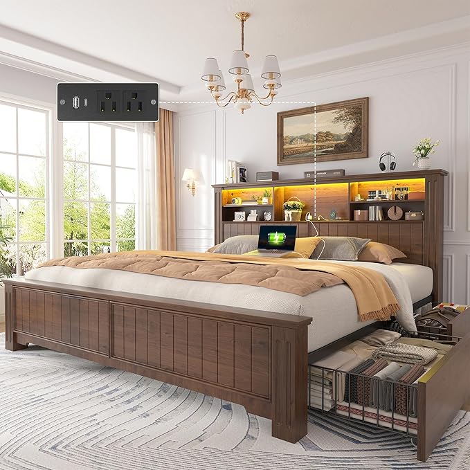 e Bed Frame with Headboard, Full Bed Frame with 4 Drawers USB & LED, Farmhouse
