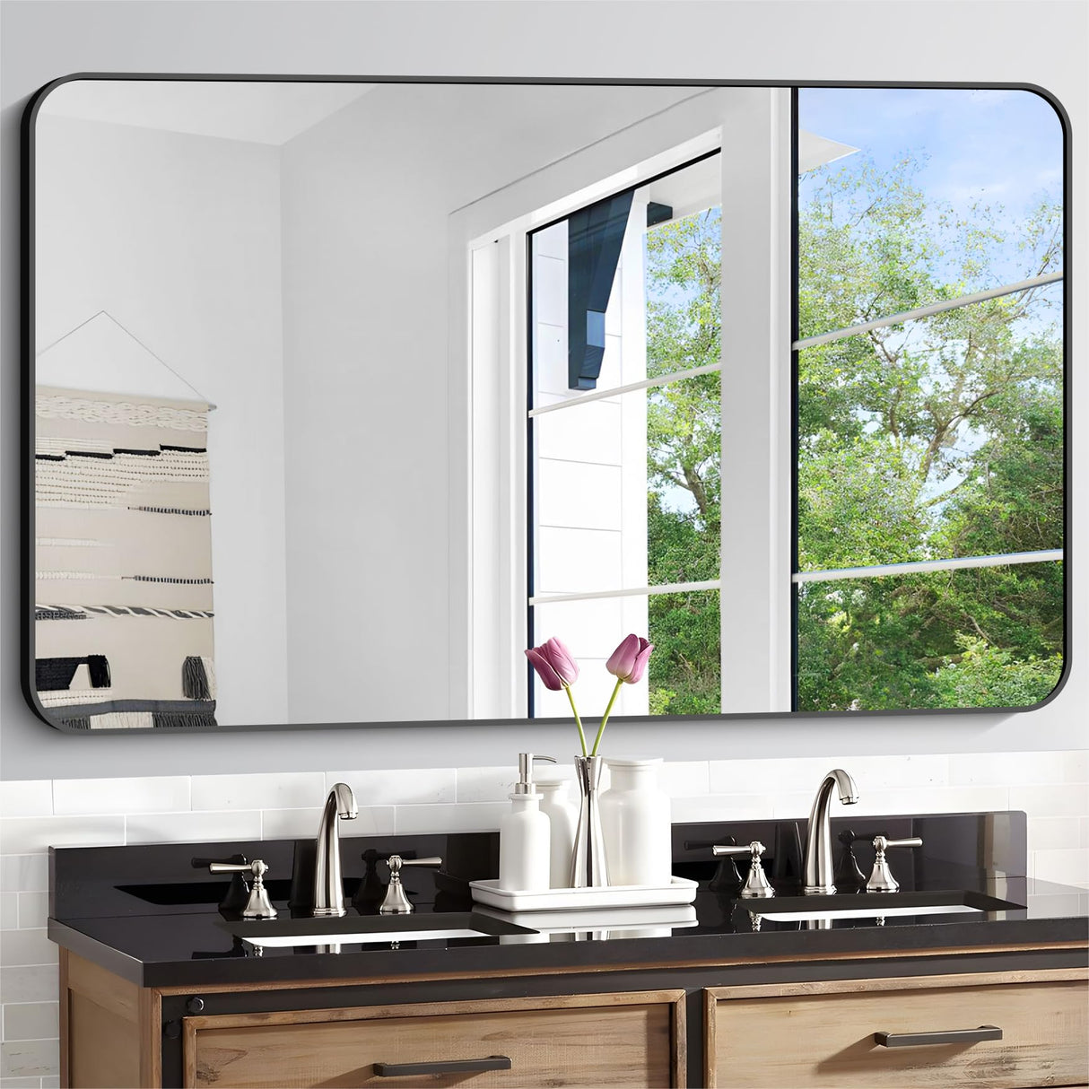 Bathroom Mirror, 30x50 inch Large Rectangle Mirror, Black Metal Framed