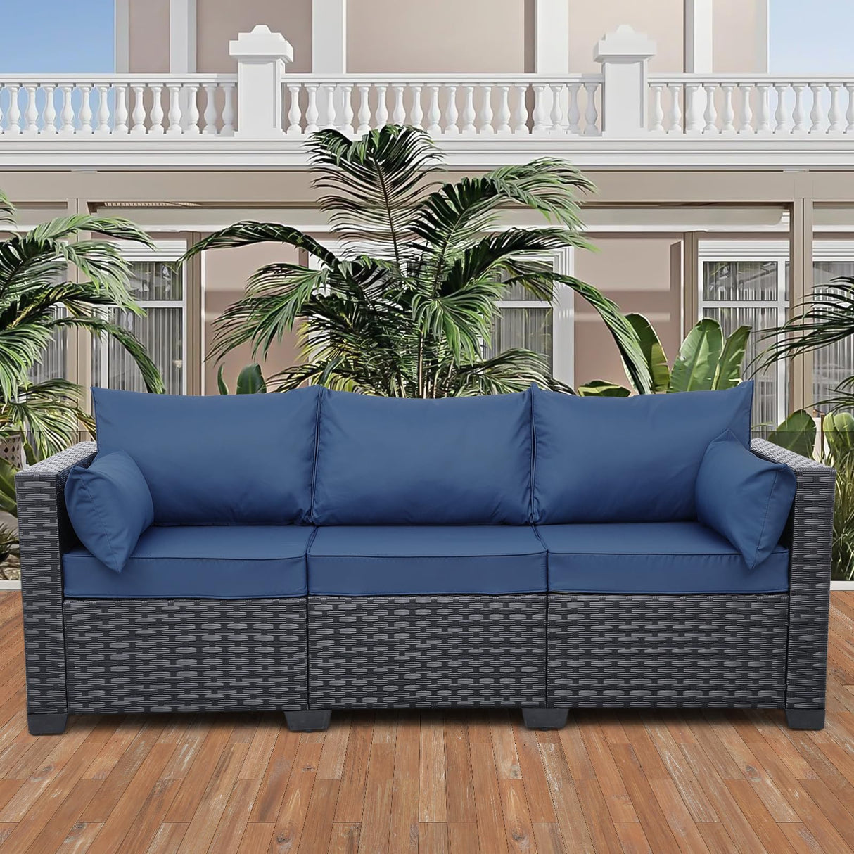 3-Seat Outdoor Rattan Sofa Patio Couch Black PE Wicker Loveseat Seating Furniture