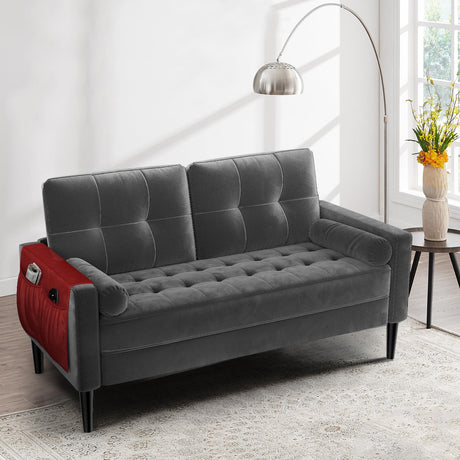 58 Inch Loveseat Sofa, 2 Seater Sofa for Small Space, Button Tufted Velvet Grey Couch