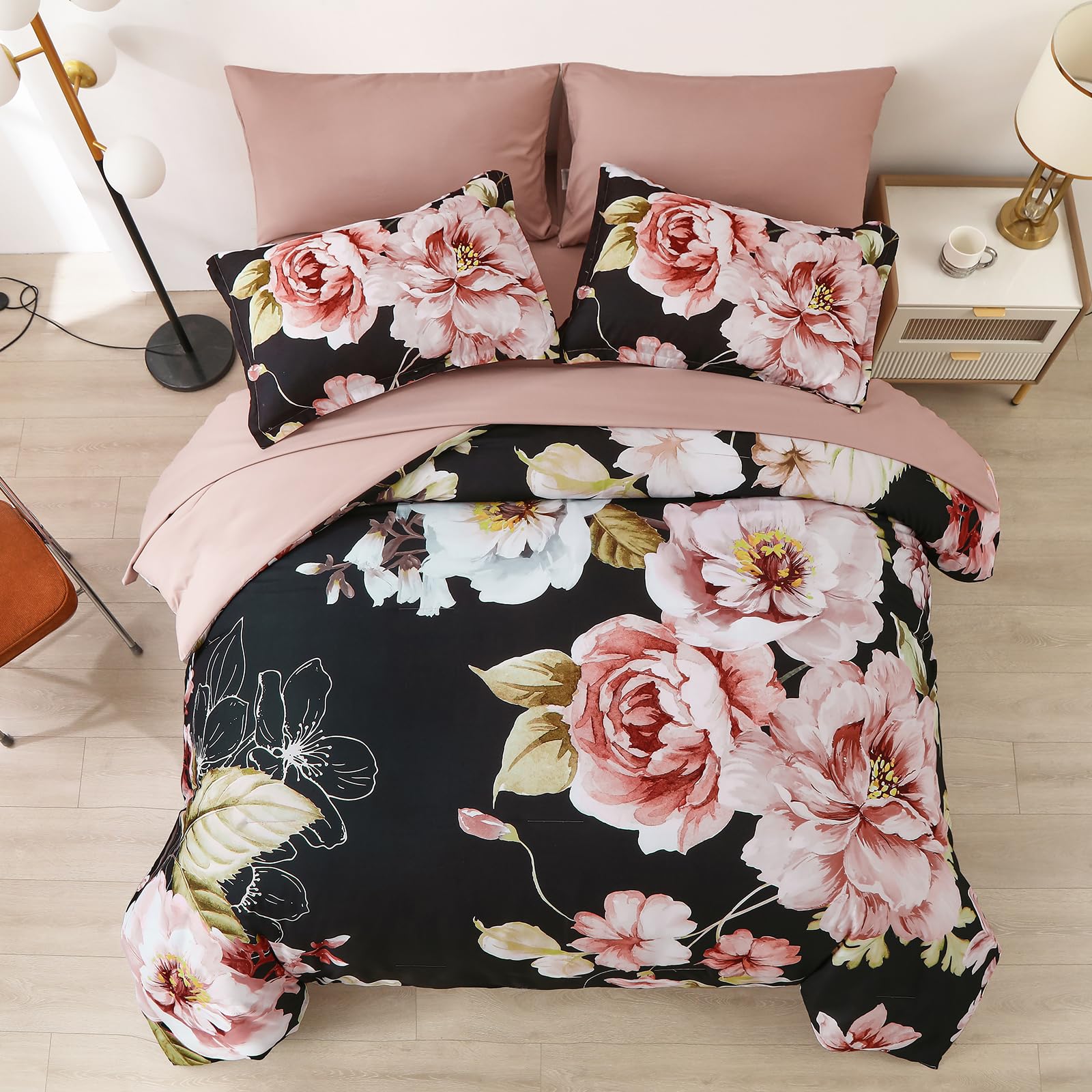Set Queen Size 7 Pieces Bed in a Bag,Pink Flower Pattern Comforter