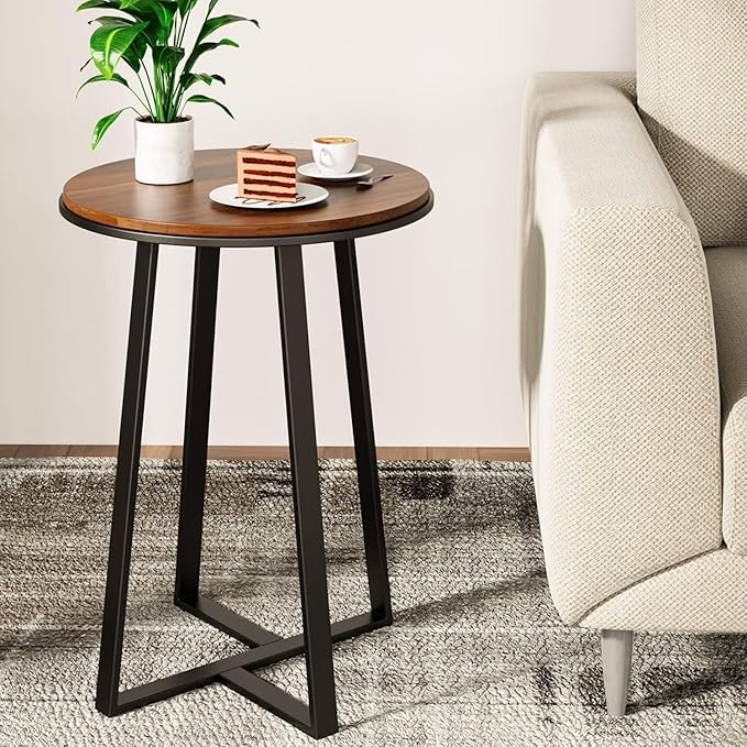 Round End Table, Small Side Table Black Color MDF Top, Metal Frame Black