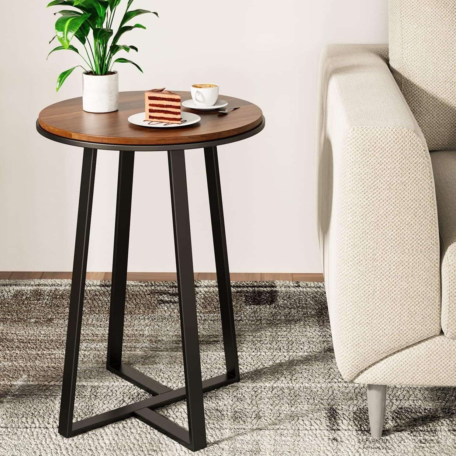 Round End Tables, Small Side Table Walnut Color MDF Top, Metal Frame Black