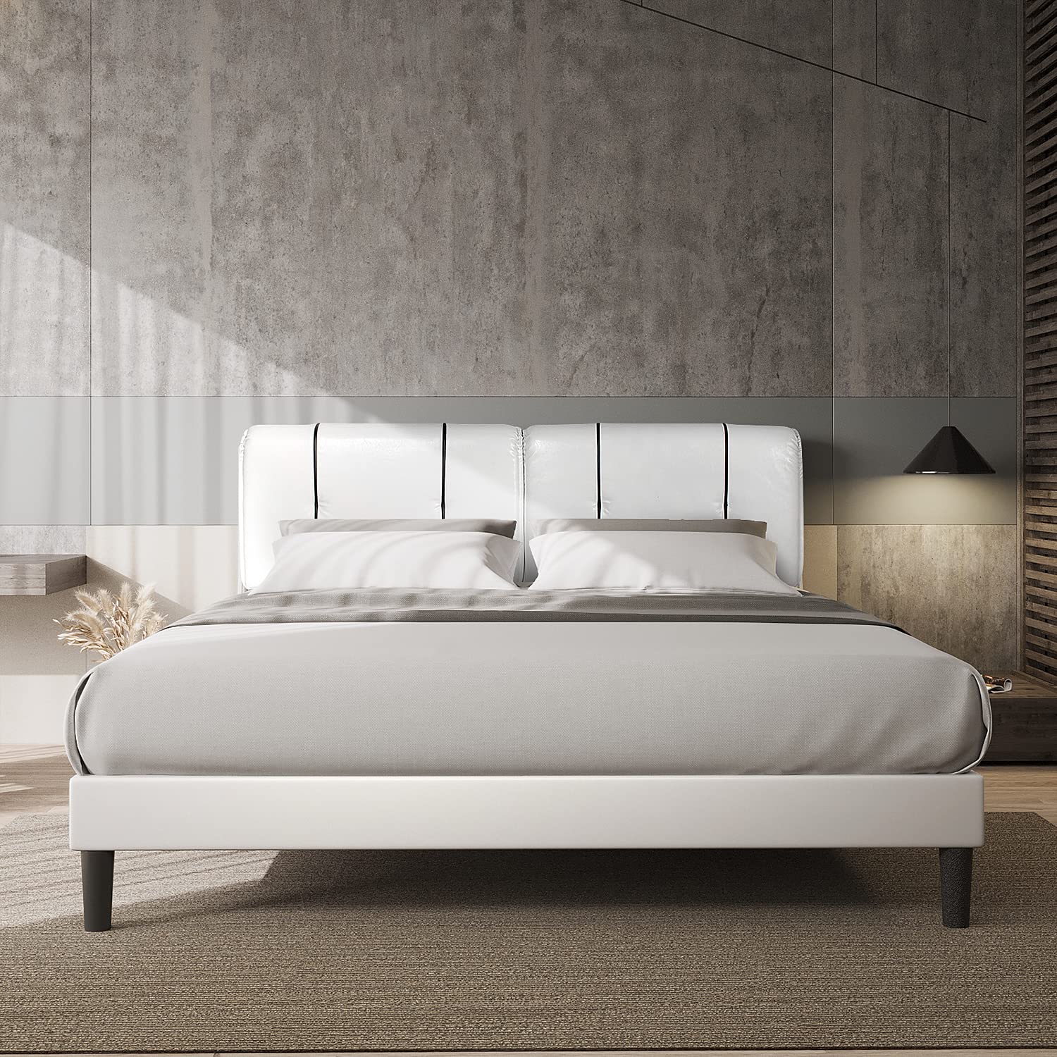 Queen Size Bed Frame Upholstered Low Profile Modern Platform Bed with Faux Leather Headboard/No Box Spring Needed/No Bed Skirt Needed (White)