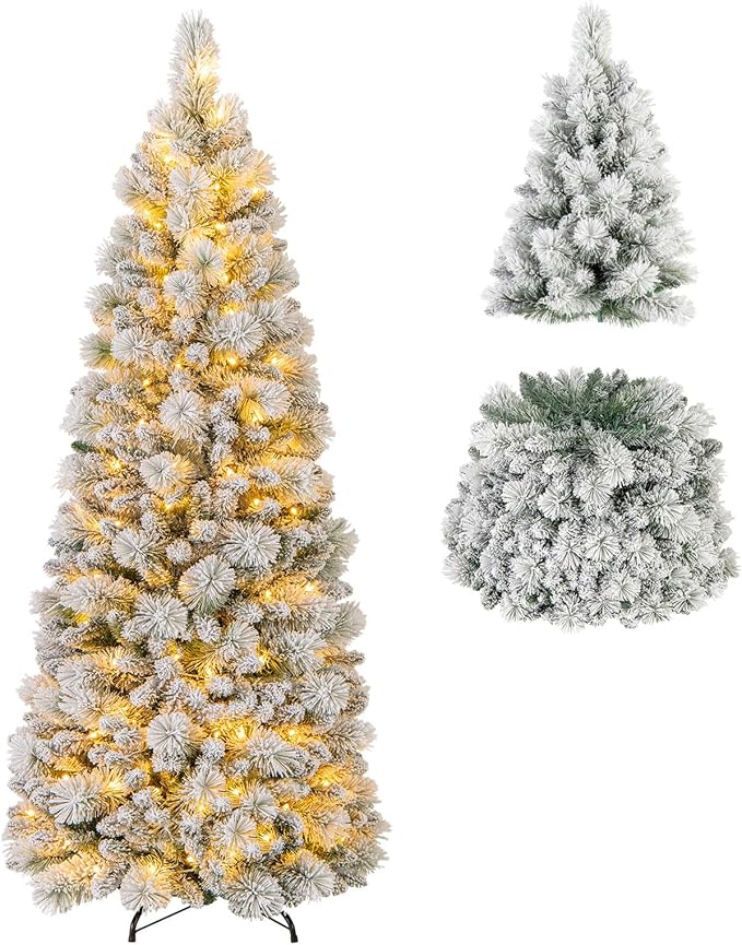 6ft Pre-Lit Pop Up Christmas Tree, Collapsible Snow Flocked Artificial Xmas Tree