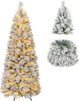 6ft Pre-Lit Pop Up Christmas Tree, Collapsible Snow Flocked Artificial Xmas Tree