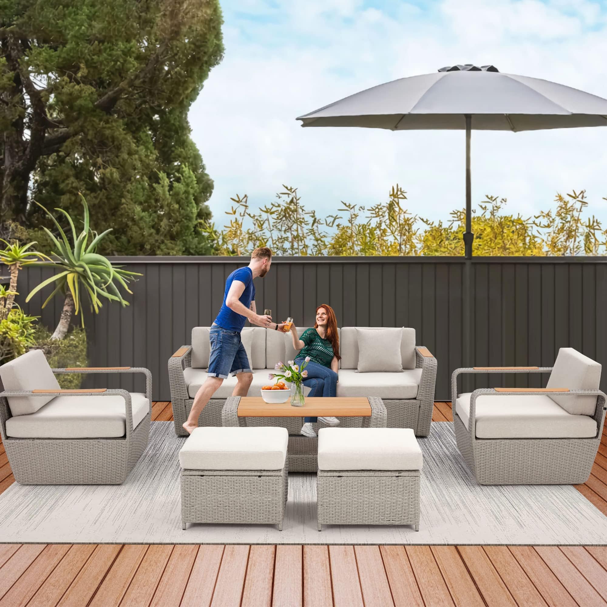 6 Piece Patio Furniture Set, Outdoor Sectional Conversation Rattan Sofa Set