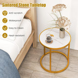 Gold Side Table, Round End Table with Sintered Stone Top and Metal Frame