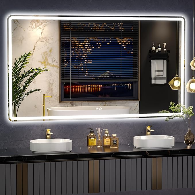 Bathroom Mirror with Lights, Rounded Rectangle Aluminum Alloy Frame