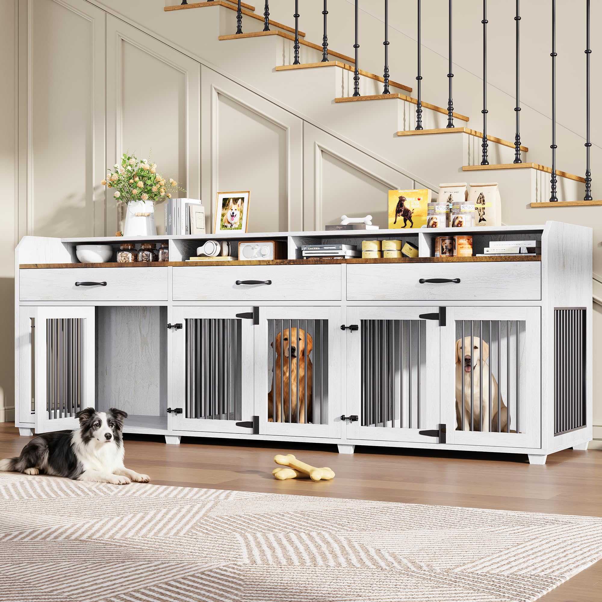 95" Dog Crate Furniture with Storage - 3-Room Wooden Kennel TV Stand