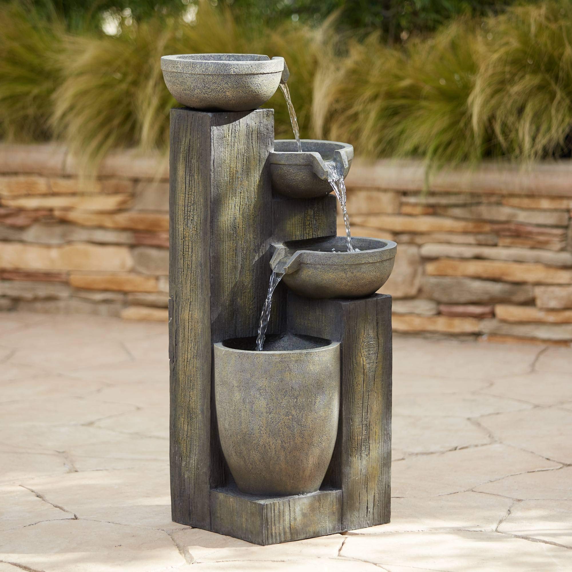 Four Tier Rustic Outdoor Floor Water Fountain 40 1/2" High with LED Light Cascading Bowls