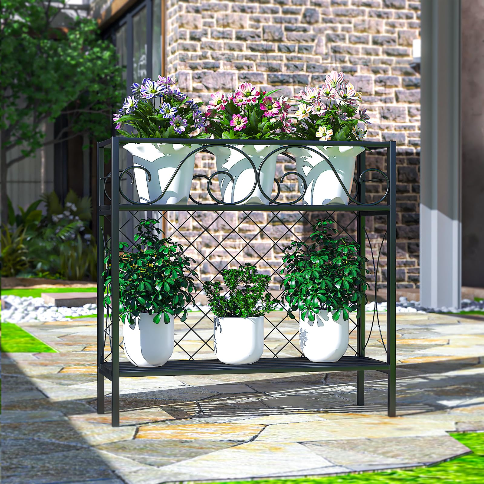 2 Tier Indoor Outdoor Potted Plant Shelf Heavy Duty Metal Plant Stand Sturdy