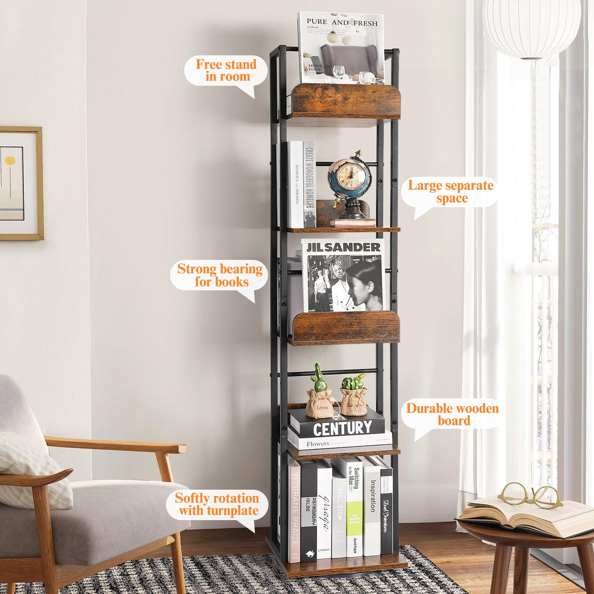 Bookshelves 5-Tier, Rotating Bookshelf Tower for Corner,