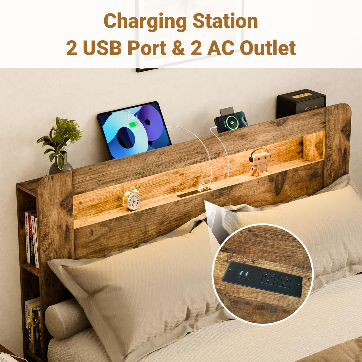 King Size Bed Frame with LED Lights, King Bed Frame and Headboard, Charging Station