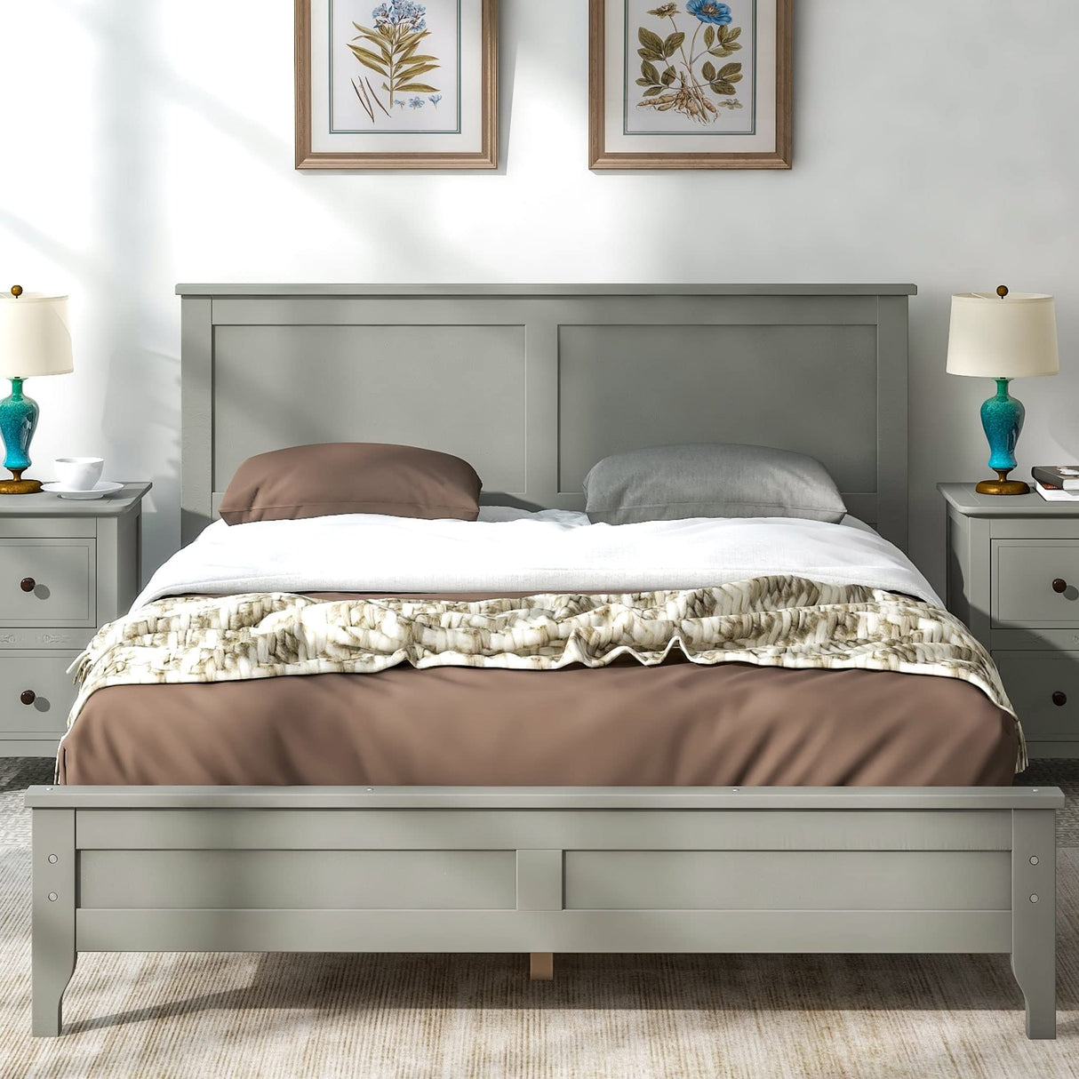 Modern Simple Solid Wood Platform Bed Wood Bed with Headboard White - Queen