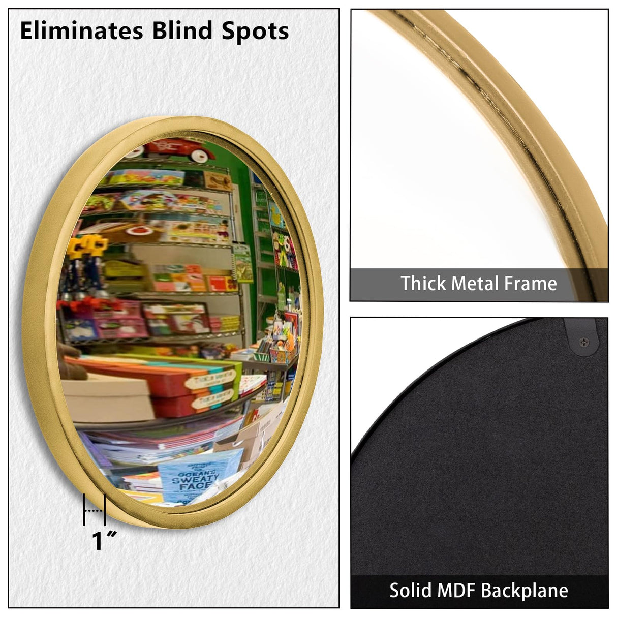 12" Gold Round Convex Mirror - Decorative Wall Mirror