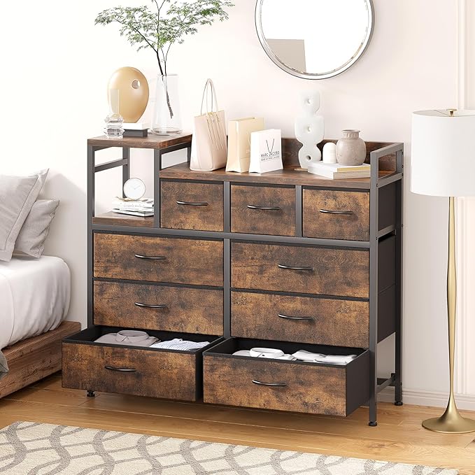 Charging Station, Bedroom Dresser for Living Room TV Stand with 9 Drawers, Pink