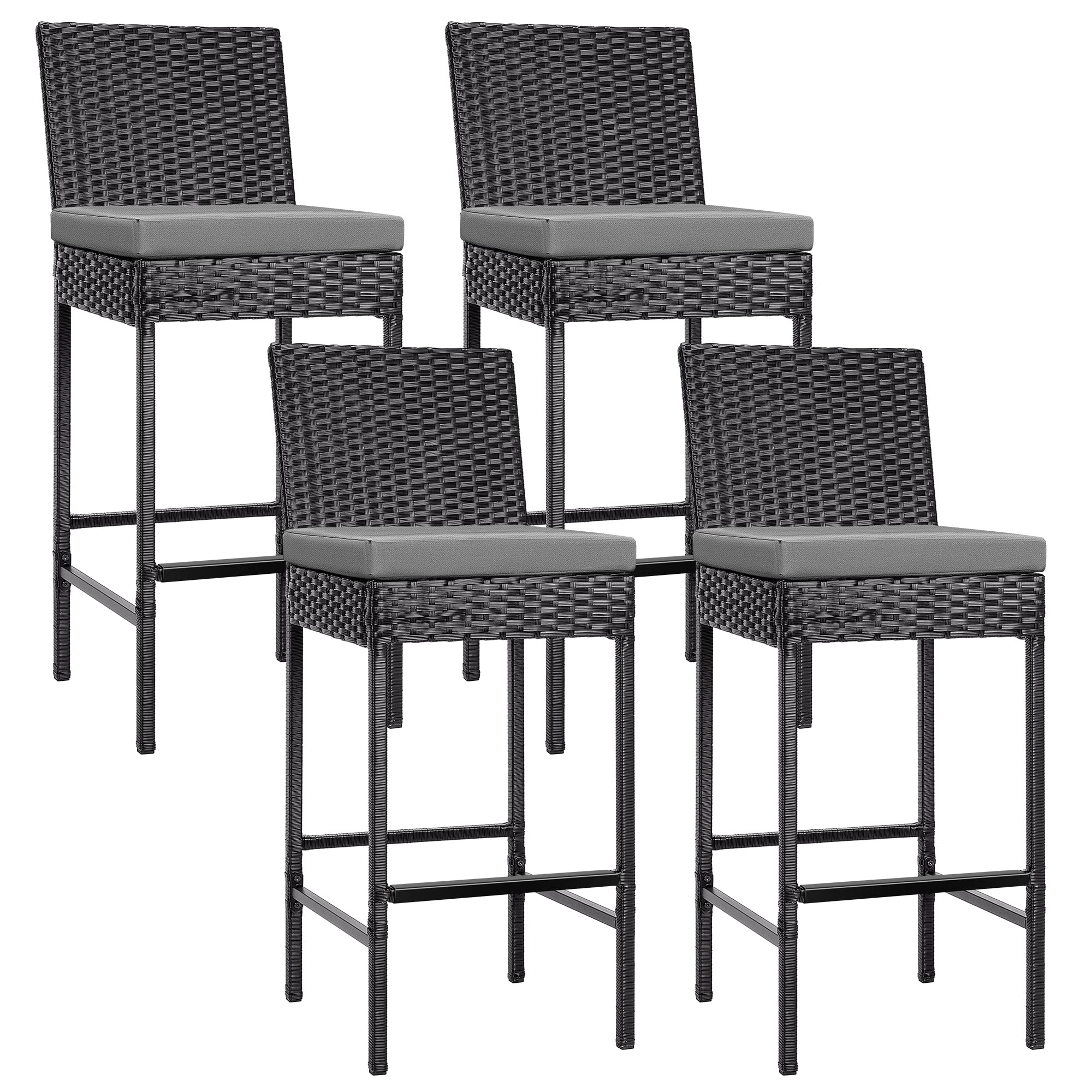 Outdoor Wicker Barstool 4 Packs, Bar Chairs PE Rattan Materail, Patio Stools with Cushions
