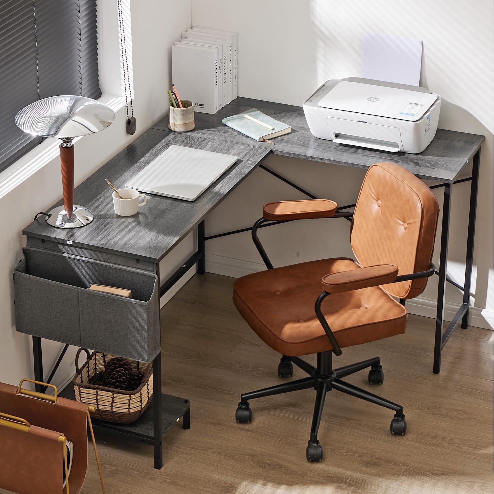 L Shaped Computer Desk Wood Corner PC Gaming Table with Side Storage Bag for Home