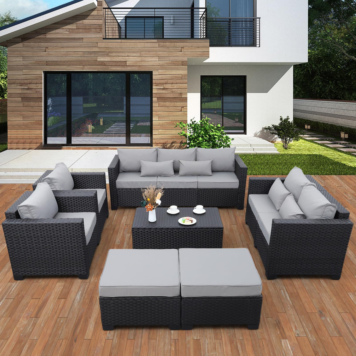 7 Pieces Outdoor Furniture Sectional Patio Couches Set Storage Table