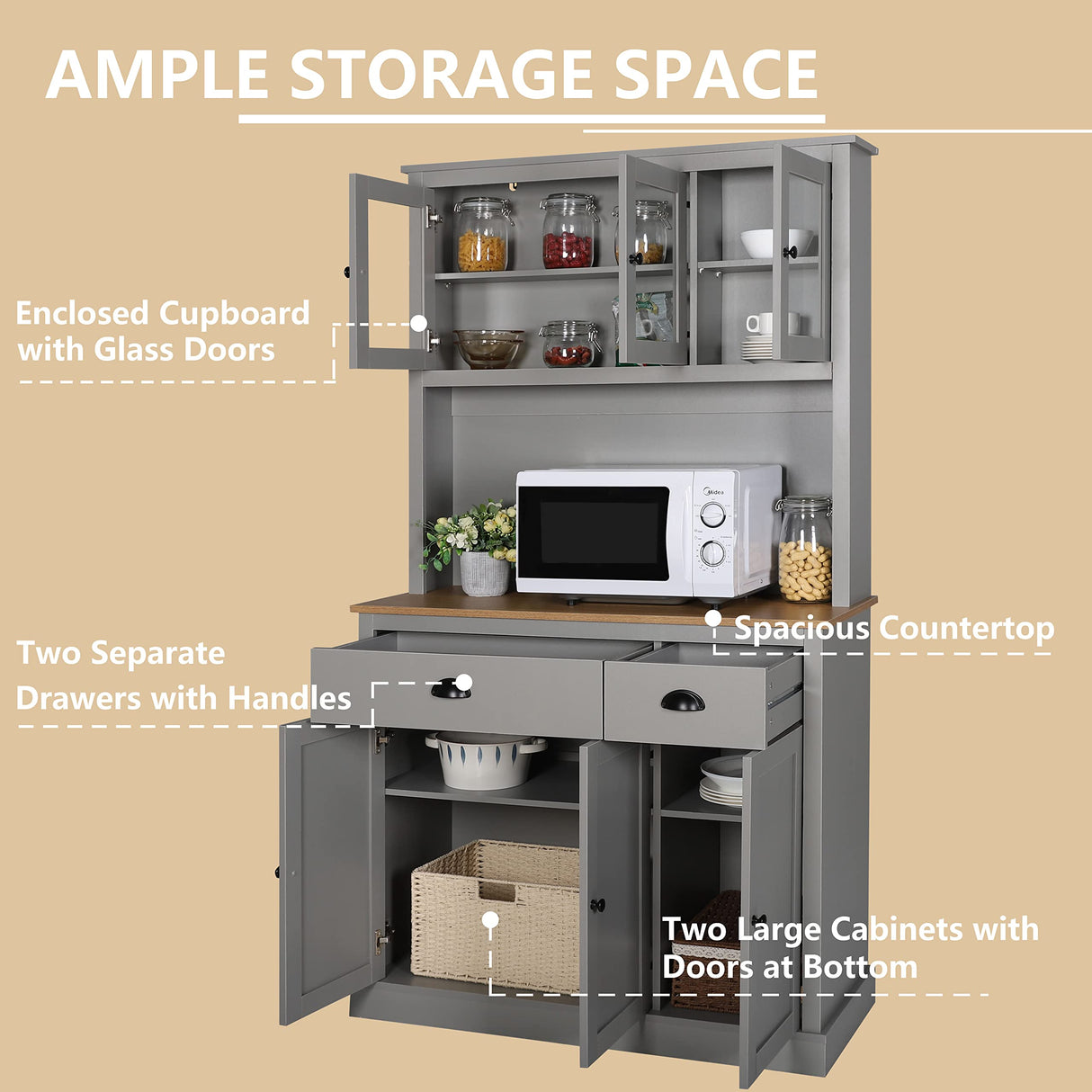 Kitchen Pantry Cabinet, 71" Buffet with Hutch, Freestanding Storage Cabinet