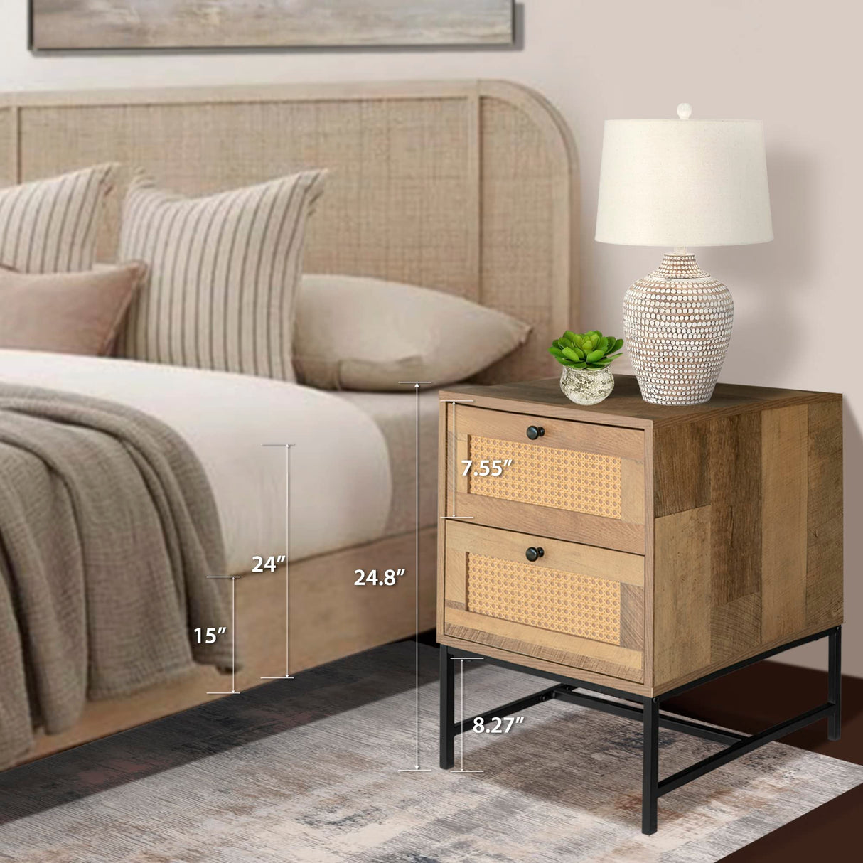 Home Furniture Series Wood and Rattan End Table/Nightstand with Metal Frame