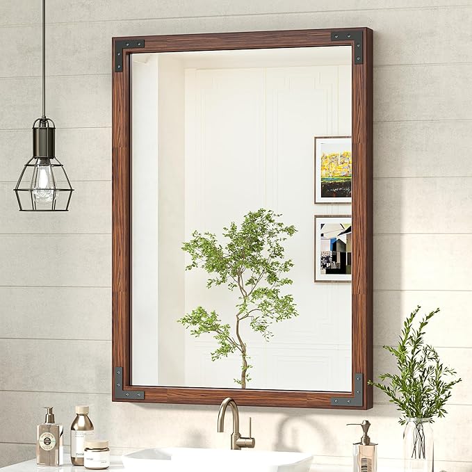 40 x 30 Inches Wood Frame Mirror for Wall, Dark Brown Walnut Wood Farmhouse Bathroom