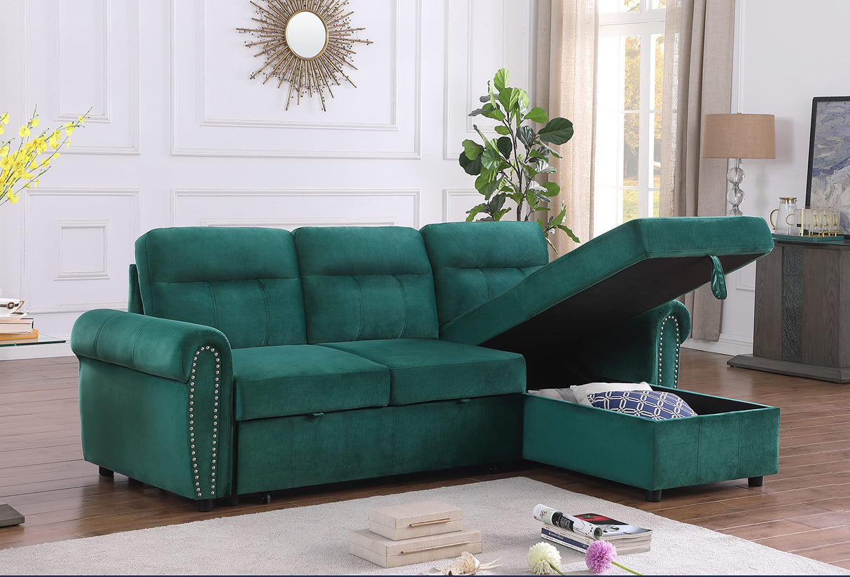 Ashton Green Velvet Fabric Reversible Sleeper Sectional Sofa Chaise