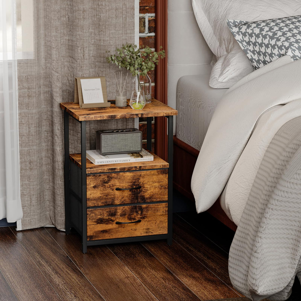 Night Stand with Charging Station, Nightstand with Fabric Drawers, Bedside Table with Storage for Bedroom, Rustic Brown