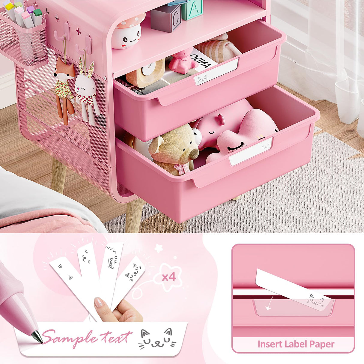 Pink Nightstand,Cute End Table with Storage Drawer,Kids Nightstand for Bedroom Furniture,