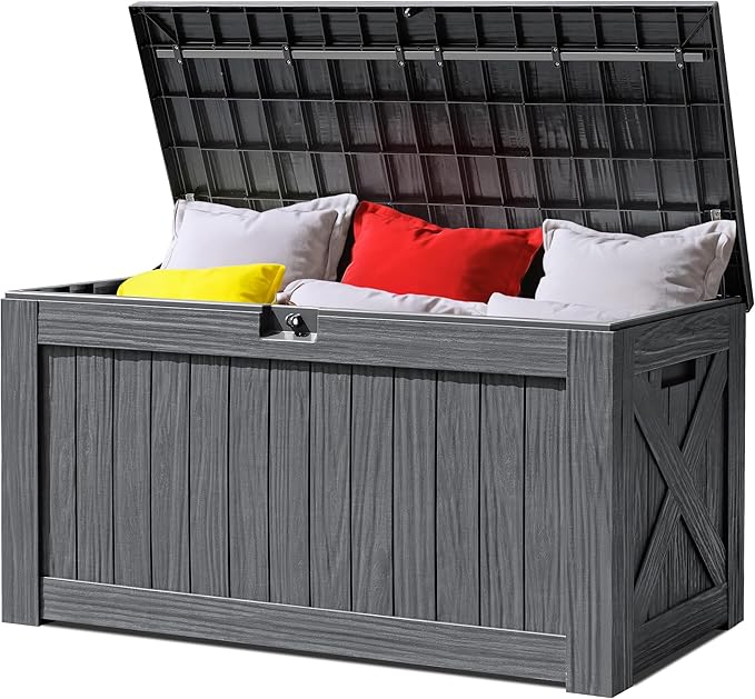 Greesum 120 Gallon Outdoor Storage Box with Lock - Woodgrain Plastic Deck Box, Reinforced Lid & Heavy Duty Design, Easy Assembly for Garden, Patio, Lawn, Black